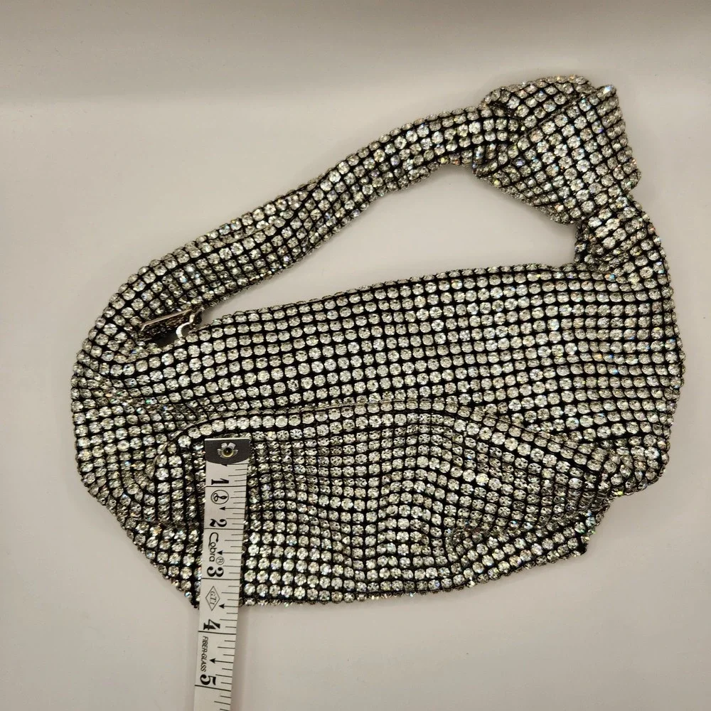 Olga Berg Crystal Mesh Knot Handle Evening Bag Silver Slouchy Clutch Purse Polly